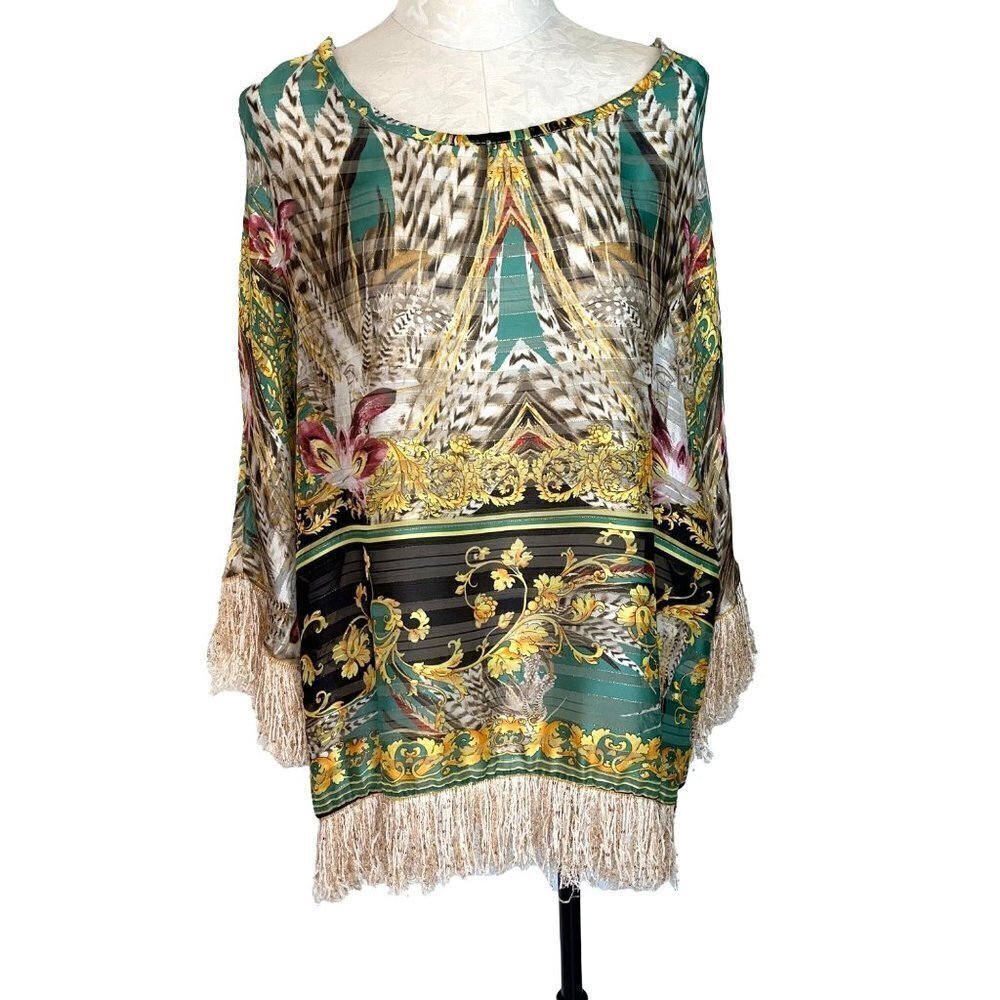 Jeff Gallano Paris Fringe Baroque Print Top Womens Size 2 Metal Thread NWT New